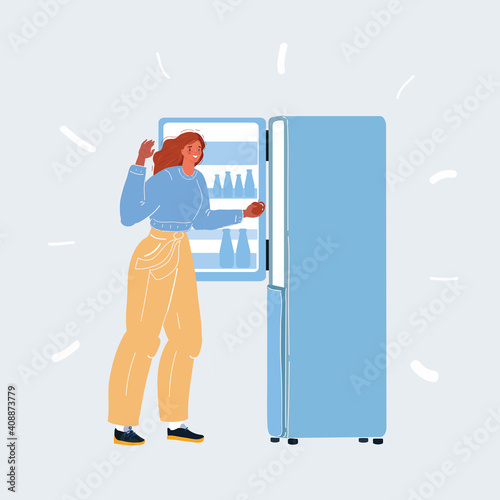 Vector illustration of woman use Fridge. Woman take Refrigerator. Girl pulls an apple out of the fridge on white backgroud.