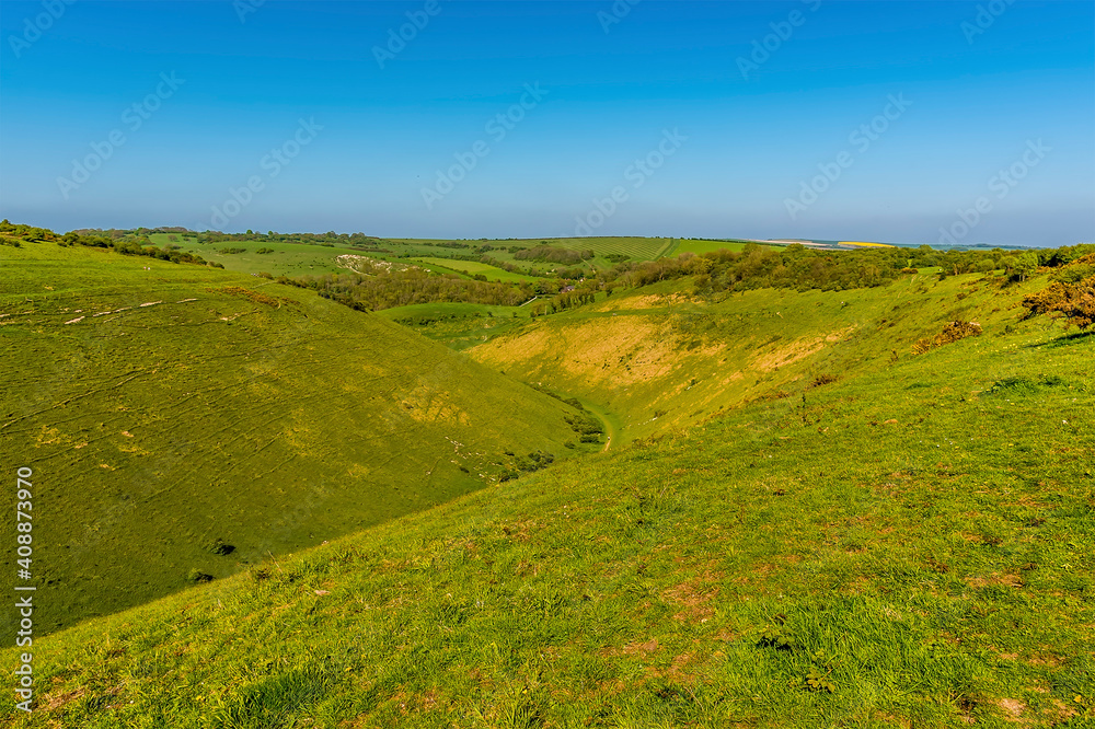 A view above the longest dry valley in the UK on the South Downs near Brighton in springtime