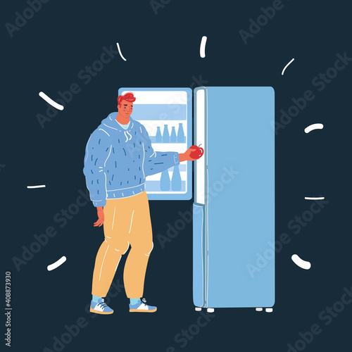 Vector illustration of man use Fridge. Woman take Refrigerator. Pulls an apple out of the fridge on dark backgroud.