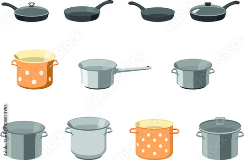 Pans pots and pans. Kitchen pan objects, cartoon kitchenware tools collection for cooking, vector illustration of elements for boiling and frying isolated on white background
