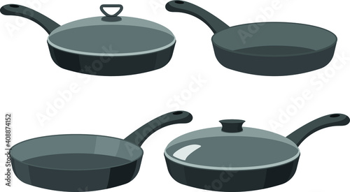 Pans. Kitchen pan objects, cartoon kitchenware tools collection for cooking, vector illustration of elements for frying isolated on white background
