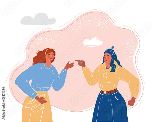 Vector illustration of two women fighting and pointing finger at each other.