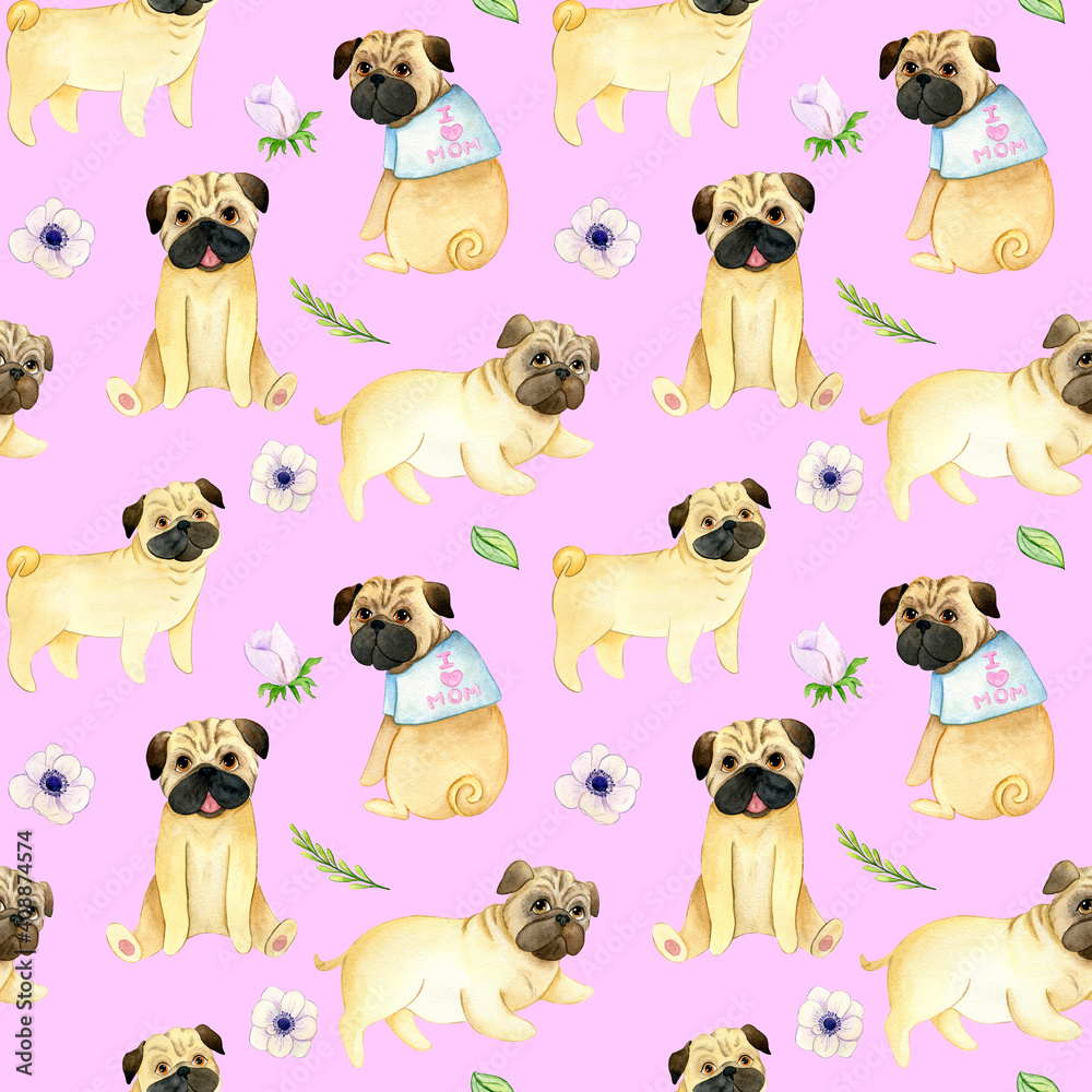 seamless watercolor pattern with funny pugs on a pink background