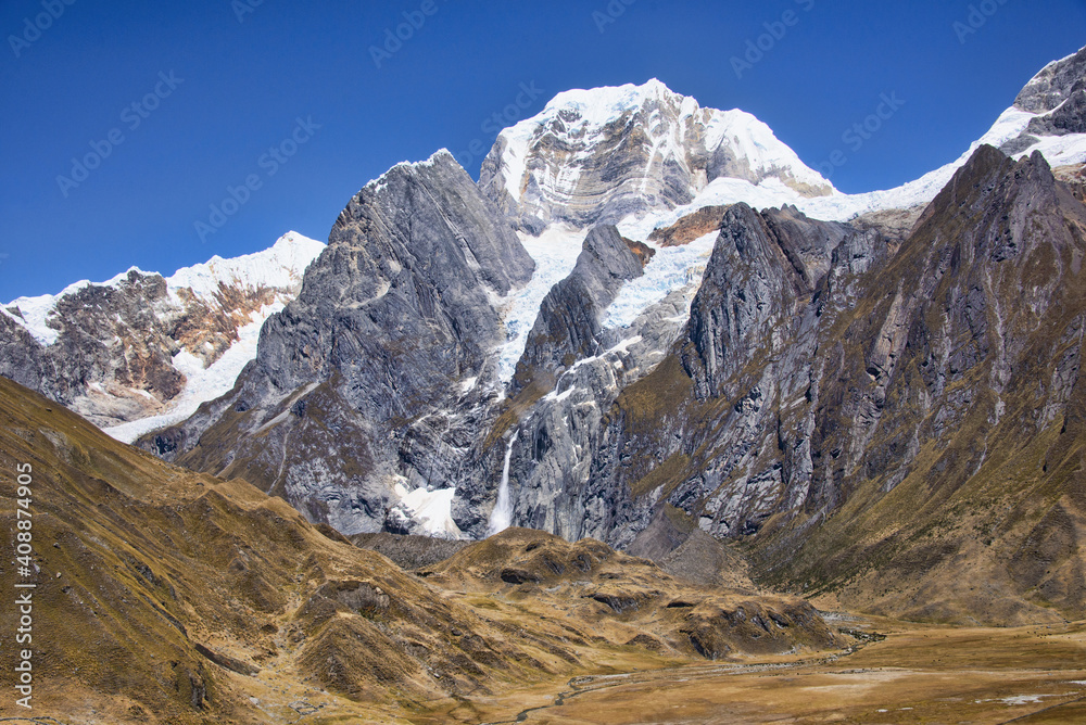 Stunning view of views of Yerupajá, Siula Grande, and the high peaks of the Cordillera Huayhuash, Peru