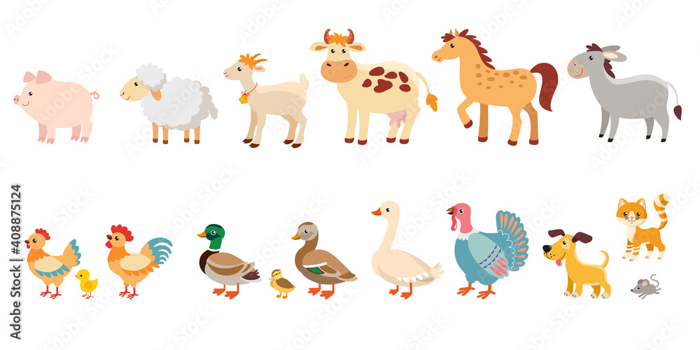Farm animals and poultry collection. Vector. Pets, farm animals and birds. Dog, cat and mouse.