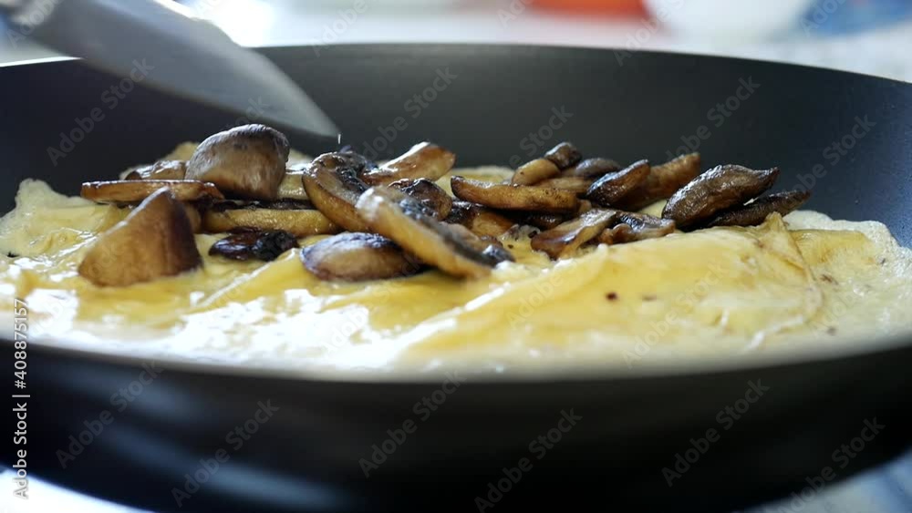 Close Up Shooting with Mushrooms Cooked in a Hot Pan and Omelet Close Up Shooting with Mushrooms Cooked in a Hot Pan and Omelet