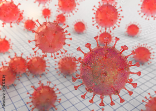 3D render image representing corona virus cells and vaccine 