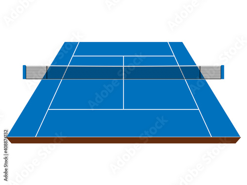 Perspective tennis hard court, blue surface, vector illustration 