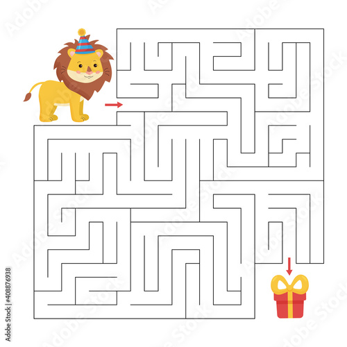 Educational maze game for children. Help the lion find way to gift. Happy  birthday printable worksheet. African animals. Stock Vector | Adobe Stock