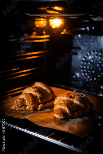croissants in the oven close up. homemade sweets
