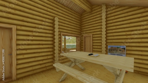 деревянный дом и баня из оцилиндрованного бревна картинка, иллюстрация