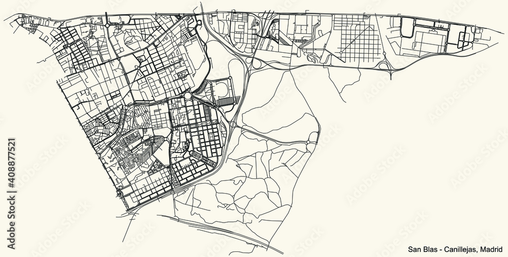 Naklejka premium Black simple detailed street roads map on vintage beige background of the neighbourhood San Blas-Canillejas district of Madrid, Spain