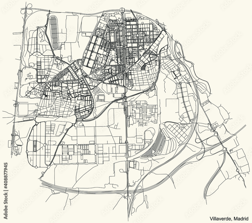 Black simple detailed street roads map on vintage beige background of the neighbourhood Villaverde district of Madrid, Spain