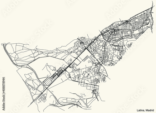 Black simple detailed street roads map on vintage beige background of the neighbourhood Latina district of Madrid, Spain