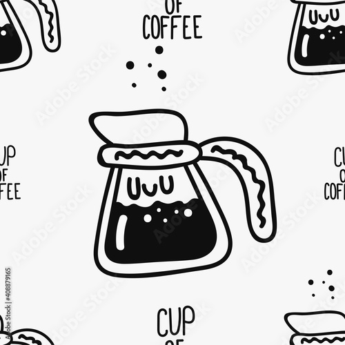 Pot full of coffee charactere vector hand drawn doodle seamless pattern without fill. Coffee texture for wrapping, wallpaper and decoration photo