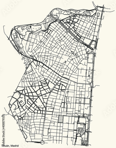 Black simple detailed street roads map on vintage beige background of the neighbourhood Tetuán district of Madrid, Spain