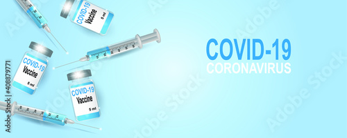 Coronavirus vaccine vector background.Covid-19 corona virus vaccination with vaccine bottle and syringe injection tool for covid19 immunization treatment. Vector illustration.
