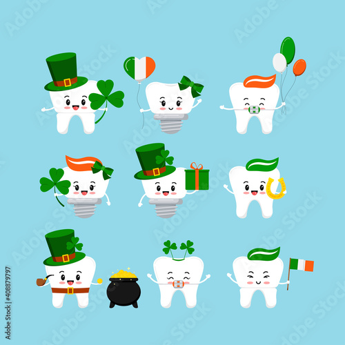 St Patrick cute teeth icon set isolated. Dentist cute white tooth, crown, implant, with braces characterand irish celebration signs. Flat design cartoon vector Happy paddy's day clip art illustration.