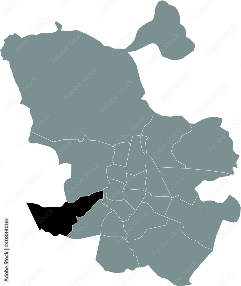 Black location map of Madrilenian Latina neighborhood inside gray map of Madrid, Spain