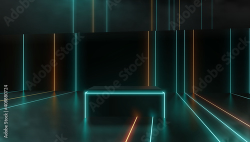 Neon podium or pedestal for product display showcase presentation template. Abstract futuristic glowing neon room design realistic vector