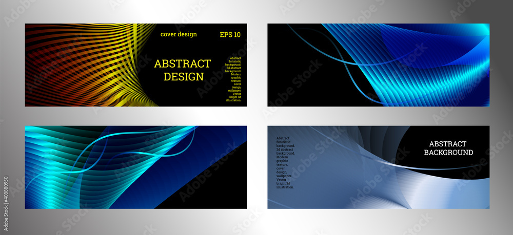 Cover designs set. Stripes with colored metallic sheen, gradient. Creative background, wallpaper, magazine cover. EPS vector