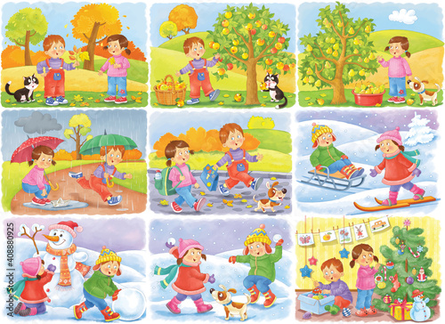 Two seasons. Autumn and winter. Cute boy and girl. Coloring page. Illustration for children. Cute and funny cartoon characters