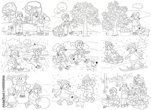 Wallpaper Mural Two seasons. Autumn and winter. Cute boy and girl. Coloring page. Illustration for children. Cute and funny cartoon characters Torontodigital.ca