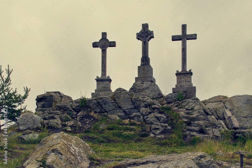 Three stone crosses near the town of Prameny in the Czech Republic. Three stone crosses near the town of Prameny in the Czech Republic.