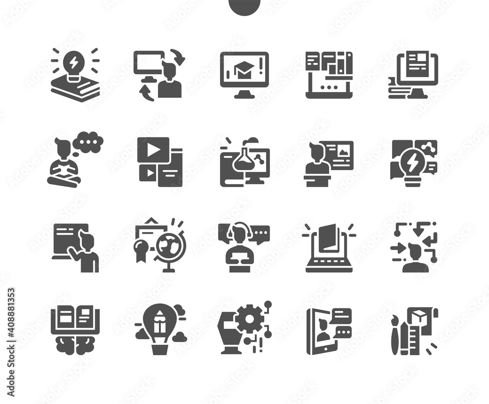 Learning. Online education. Video tutorials. Professional training and online library. Knowledge and book. Vector Solid Icons. Simple Pictogram