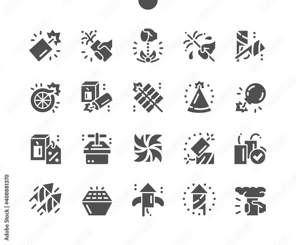 Pyrotechnics. Petard, flare, sparklers and fireworks. Bunch of firecrackers. Detonator. Party and celebration. Vector Solid Icons. Simple Pictogram