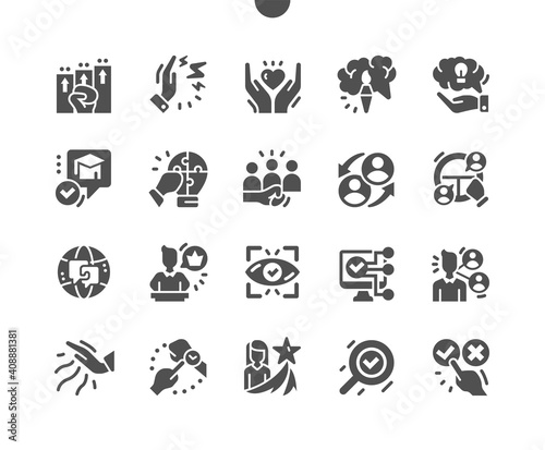 Life skill. Creative thinking, leadership skills, educability. Computer knowledge. Influence and timeliness. Vector Solid Icons. Simple Pictogram