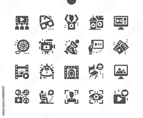 Movie. Cinema. Watching movie on a computer and phone. 3D glasses. Film camera and bobbin. Movie tickets. Film award. Viewer. Vector Solid Icons. Simple Pictogram