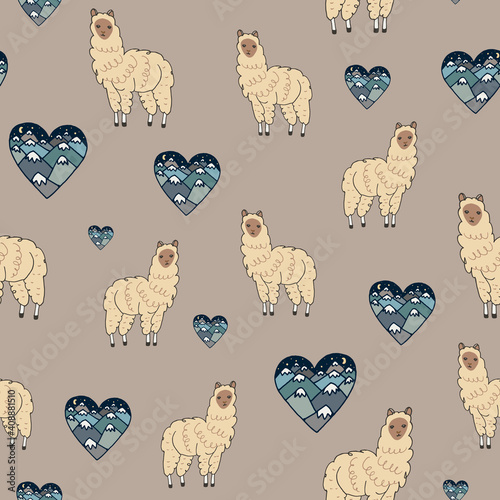 Llama alpaca animals seamless vector pattern with hearts Valentines day