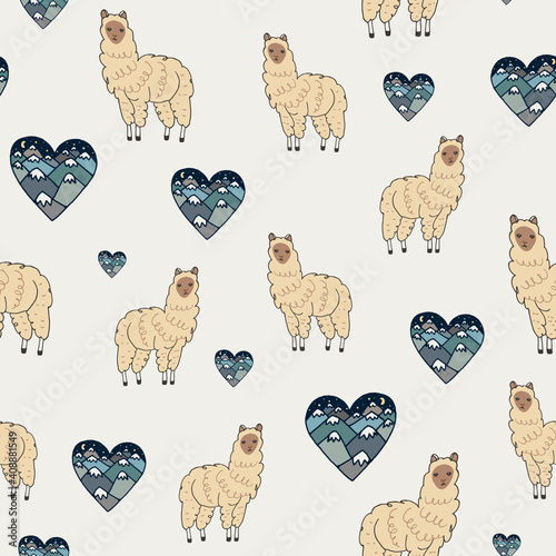 Llama alpaca animals seamless vector pattern with hearts Valentines day