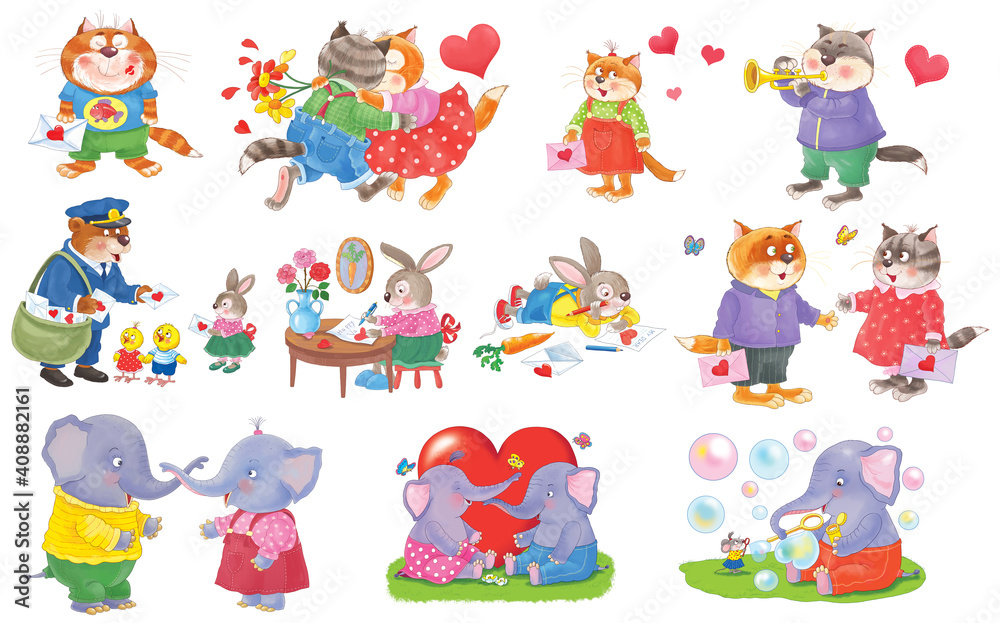 Fototapeta premium Valentine's Day. Set of cute cartoon animals. Poster. Greeting card. Illustration for children