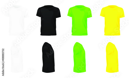 Mens t-shirt of different colours. T-shirt template set  blank black  white and yellow in front  back views. Realistic mockup men s t-shirt. Vector illustration