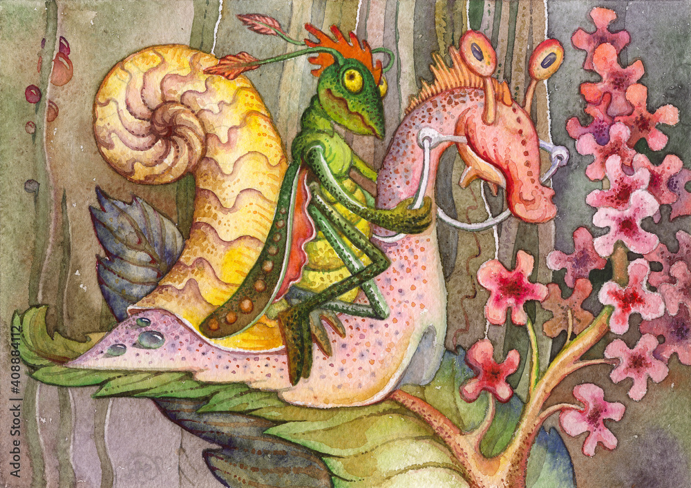 Obraz premium Fabulous animalistic plot. The composition of the three objects. (Beetle, snail, flowers.) Watercolor drawing. Illustration for children.