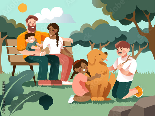 Family active holidays parents kids and dog in summer park. background cartoon vector illustration. Family weekend concept with parents and children.