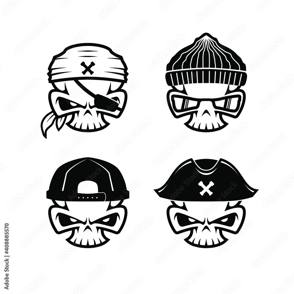 Set of Simple Skull Pirate Hat Bandana HipHop Black and White 
