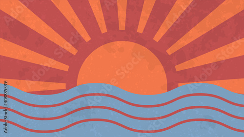 Vintage background with sea and sun. Summer retro poster. Sunset or sunrise.