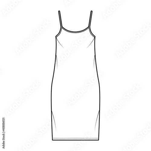 Camisole dress technical fashion illustration with scoop neck, straps, knee length, oversized body, Pencil fullness. Flat apparel template front, back, white, grey color. Women, men, unisex CAD mockup