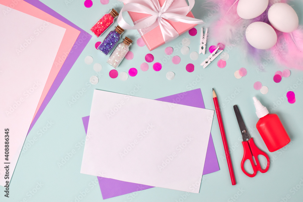 Step-by-step instructions. Easter bunnies. Step 1 Prepare the paper of 2 colors. DIY. Flat lay. Making an Easter card. Step-by-step instructions. Easter bunnies. Step 1 Prepare the paper of 2 colors. DIY. Flat lay. Making an Easter card.