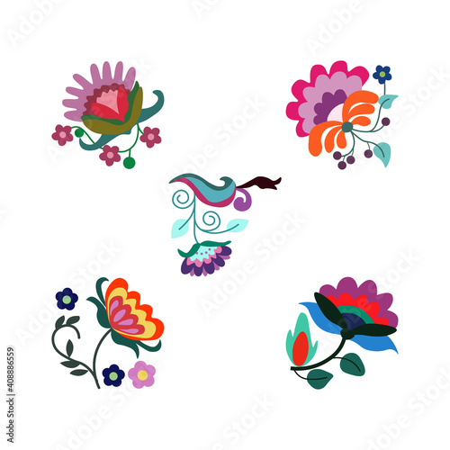 Composition of folklore elements  stylized colors and patterns. Greeting card of folk art  banner  cover. Vector illustration