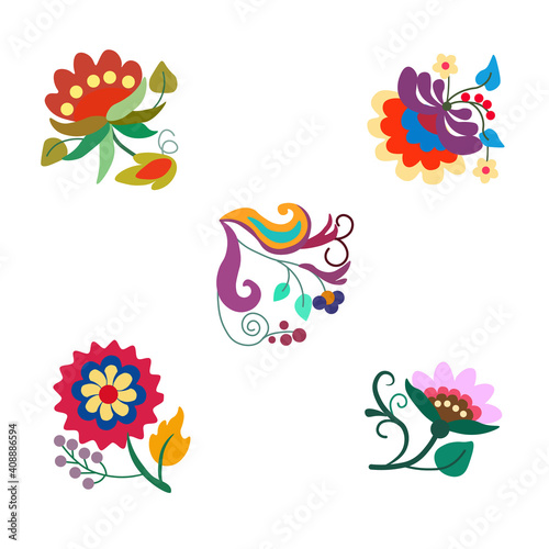 Composition of folklore elements, stylized colors and patterns. Greeting card of folk art, banner, cover. Vector illustration