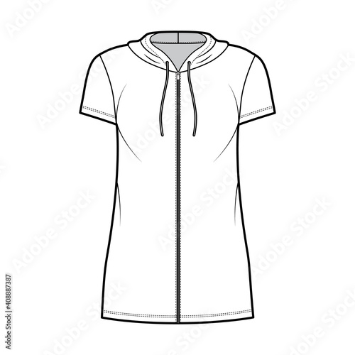 Hoodie zip-up dress technical fashion illustration with short sleeves, mini length, oversized body, Pencil fullness. Flat apparel template front, white color. Women, men, unisex CAD mockup