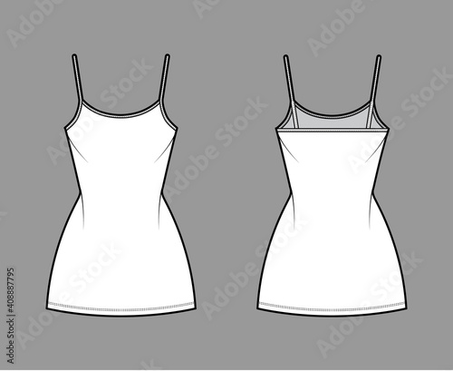 Camisole dress technical fashion illustration with scoop neck, straps, mini length, fitted body, Pencil fullness. Flat apparel template front, back, white, grey color. Women, men, unisex CAD mockup