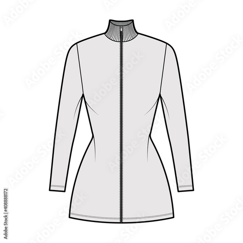Turtleneck zip-up dress technical fashion illustration with short sleeves, mini length, fitted body, Pencil fullness. Flat apparel template front, grey color. Women, men unisex CAD mockup