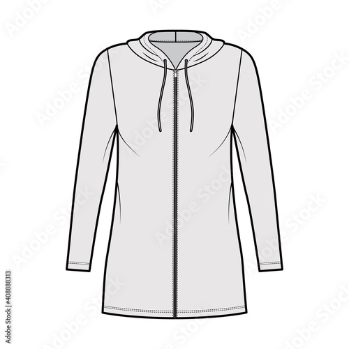 Hoodie zip-up dress technical fashion illustration with long sleeves, mini length, oversized body, Pencil fullness. Flat apparel template front, grey color. Women, men, unisex CAD mockup