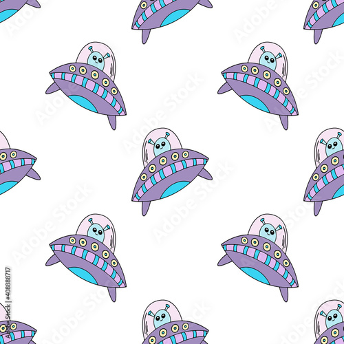 Seamless pattern with flying saucer and UFO, alien. Doodle. A space flight. Cosmonautics Day. Hand-drawn. Vector illustration for children. It can be used to design textiles, clothing, notebooks.
