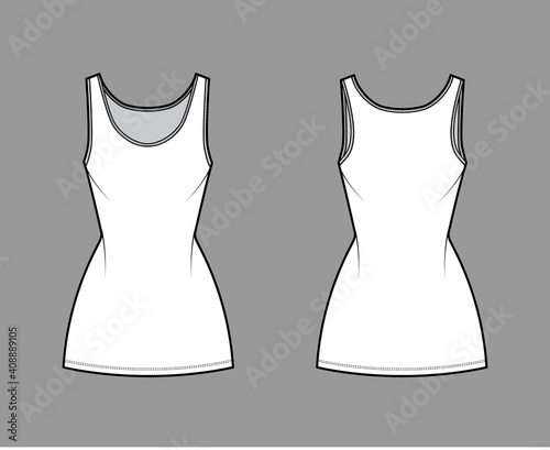 Tank dress technical fashion illustration with scoop neck, straps, mini length, fitted body, Pencil fullness. Flat apparel template front, back, white color. Women, men, unisex CAD mockup